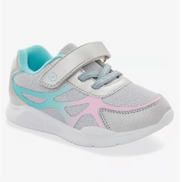 Stride Rite 360 Ryne Sneaker Shoe 6M in Silver with Teal and Pink Accents Velcro - Picture 3 of 7